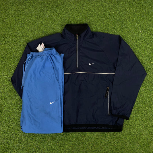90s Nike Piping Windbreaker Jacket + Joggers Set Blue Small