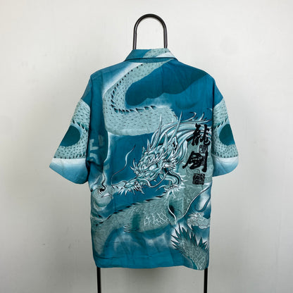 Retro Dragon Button Up Shirt T-Shirt Blue Large