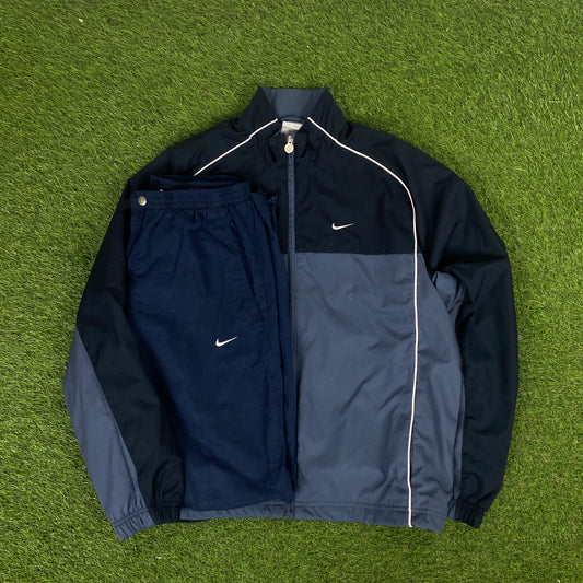 00s Nike Piping Windbreaker Jacket + Joggers Set Blue Medium