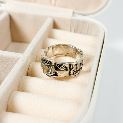 Carved Face Ring Silver