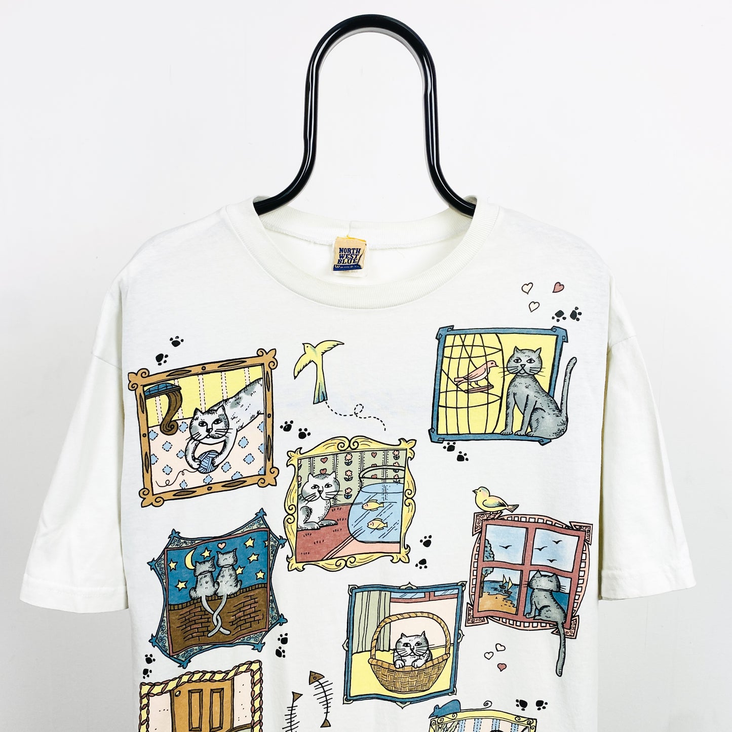 Retro 90s Cat T-Shirt White XL