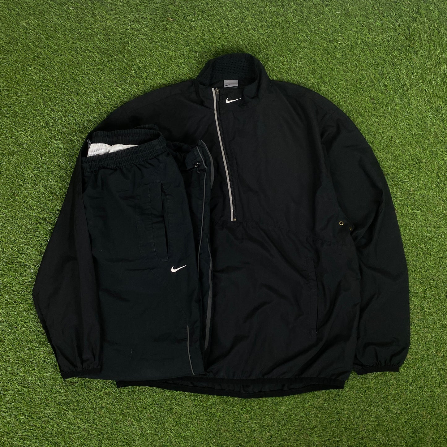 00s Nike Asymmetrical Piping Windbreaker Jacket + Joggers Set Black Medium