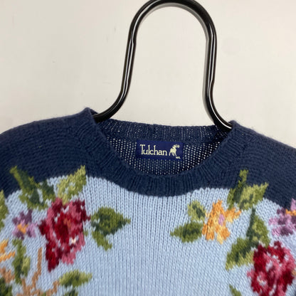 Retro Tulchan Tapestry Knit Sweatshirt Blue Large