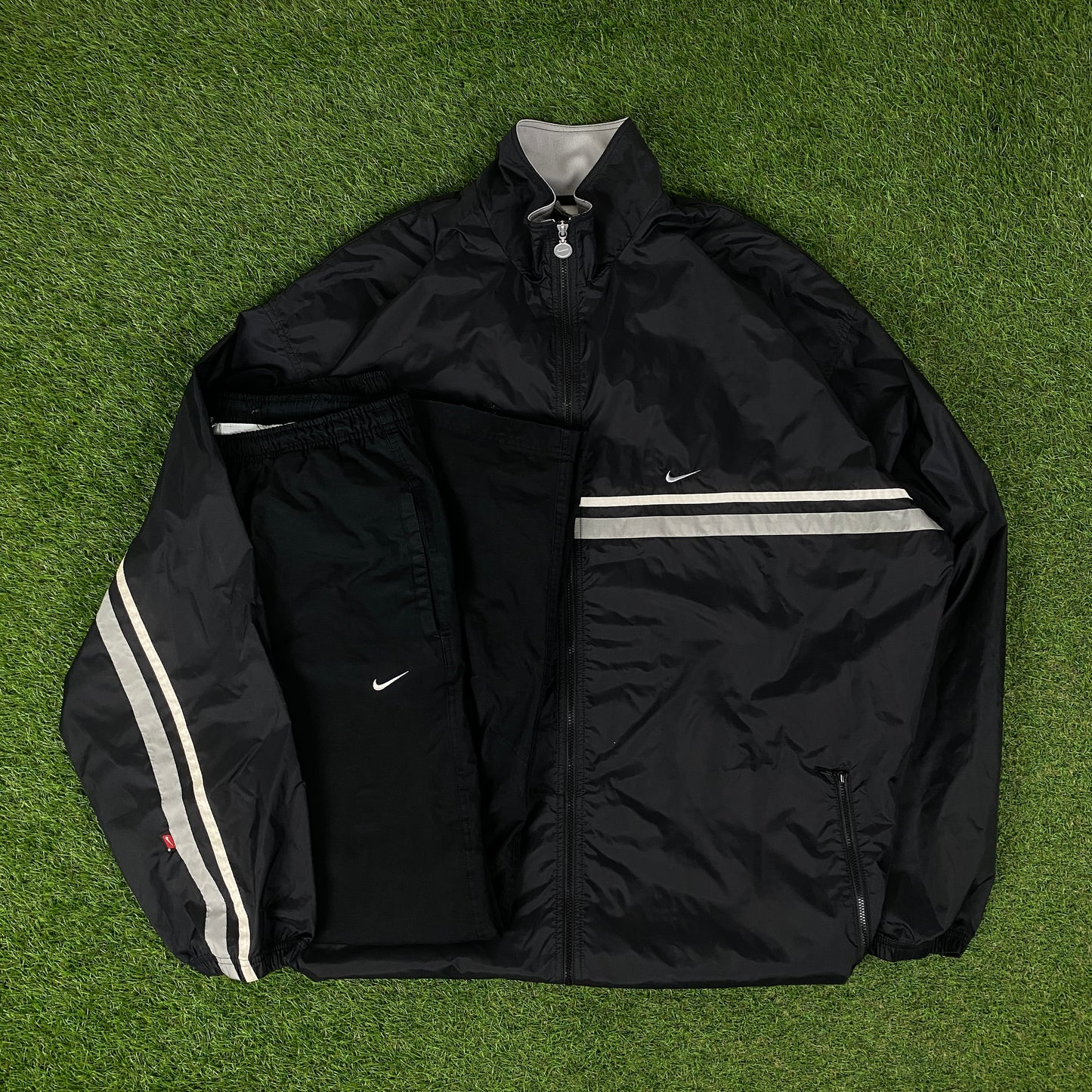 00s Nike Piping Windbreaker Tracksuit Set Jacket + Joggers Black XL