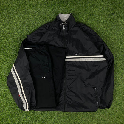 00s Nike Piping Windbreaker Tracksuit Set Jacket + Joggers Black XL