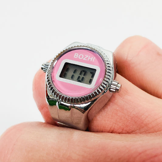 Retro Adjustable Digital Watch Ring Silver Pink