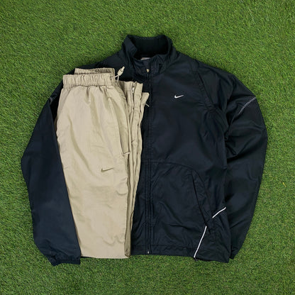 00s Nike Piping Windbreaker Jacket + Joggers Set Black Small