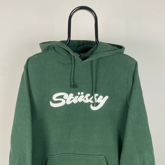 00s Stussy Chenille Logo Hoodie Green Medium