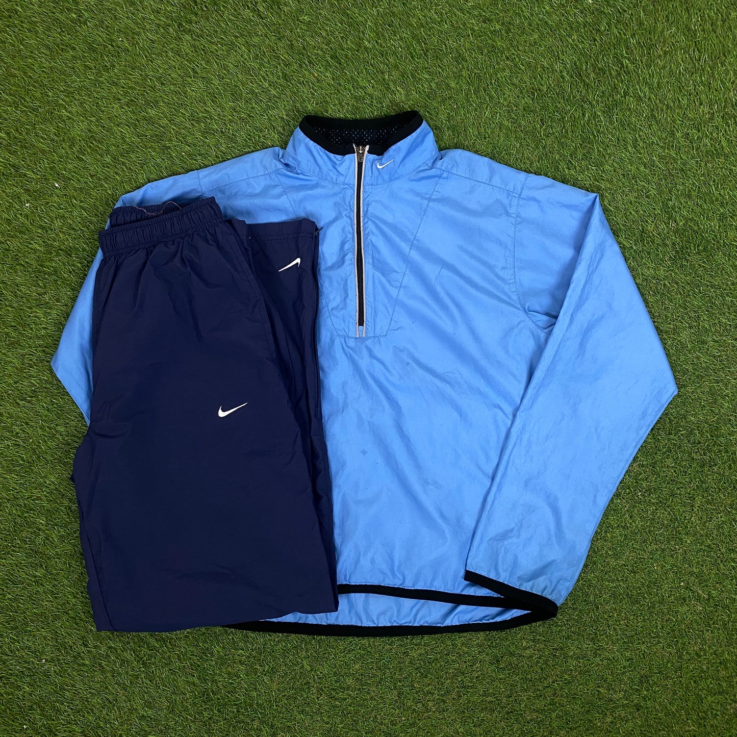 00s Nike Piping Windbreaker Jacket + Joggers Set Blue Medium