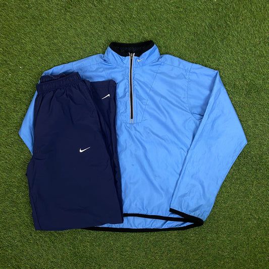 00s Nike Piping Windbreaker Jacket + Joggers Set Blue Medium