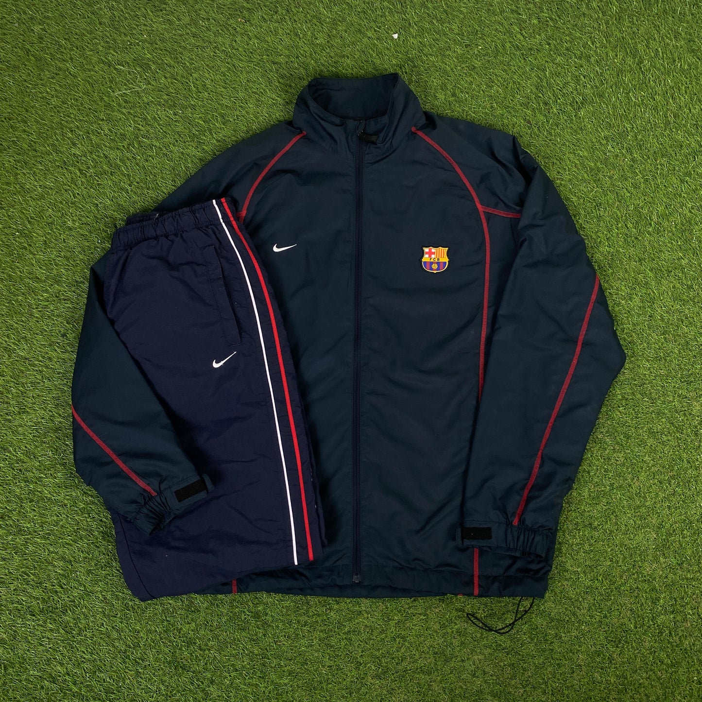 00s Nike Barcelona Piping Windbreaker Jacket + Joggers Set Blue Medium