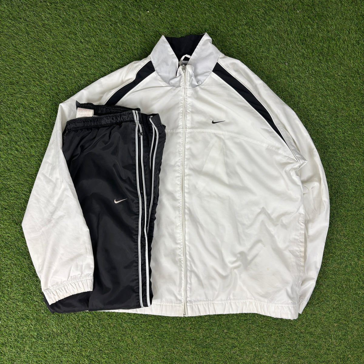 00s Nike Piping Windbreaker Tracksuit Set Jacket + Joggers White XL