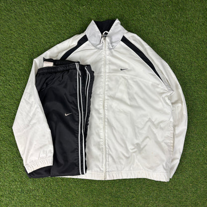 00s Nike Piping Windbreaker Tracksuit Set Jacket + Joggers White XL