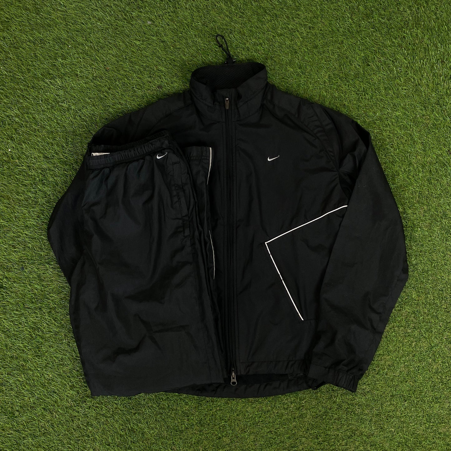 00s Nike Clima-Fit Piping Windbreaker Jacket + Joggers Set Black Small