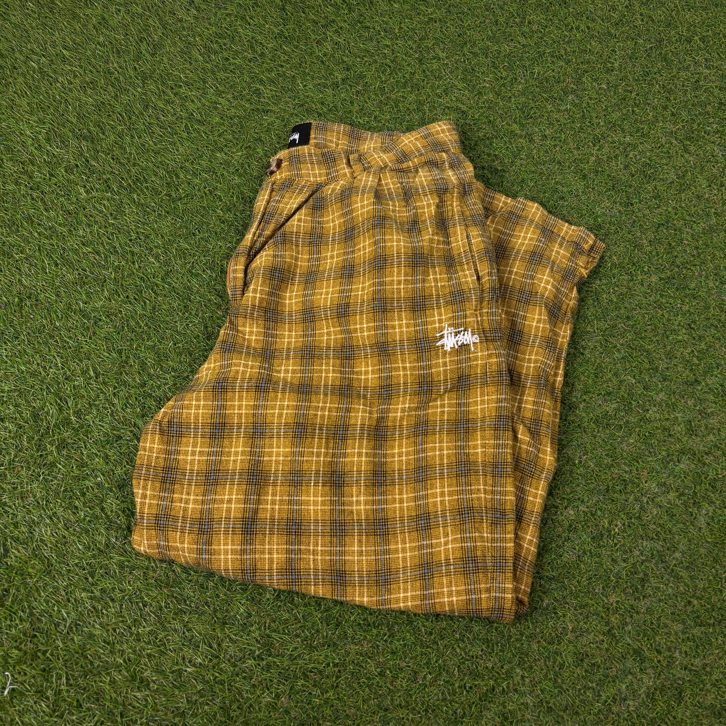 00s Stussy Plaid Cropped Trousers Joggers Yellow Women’s Medium