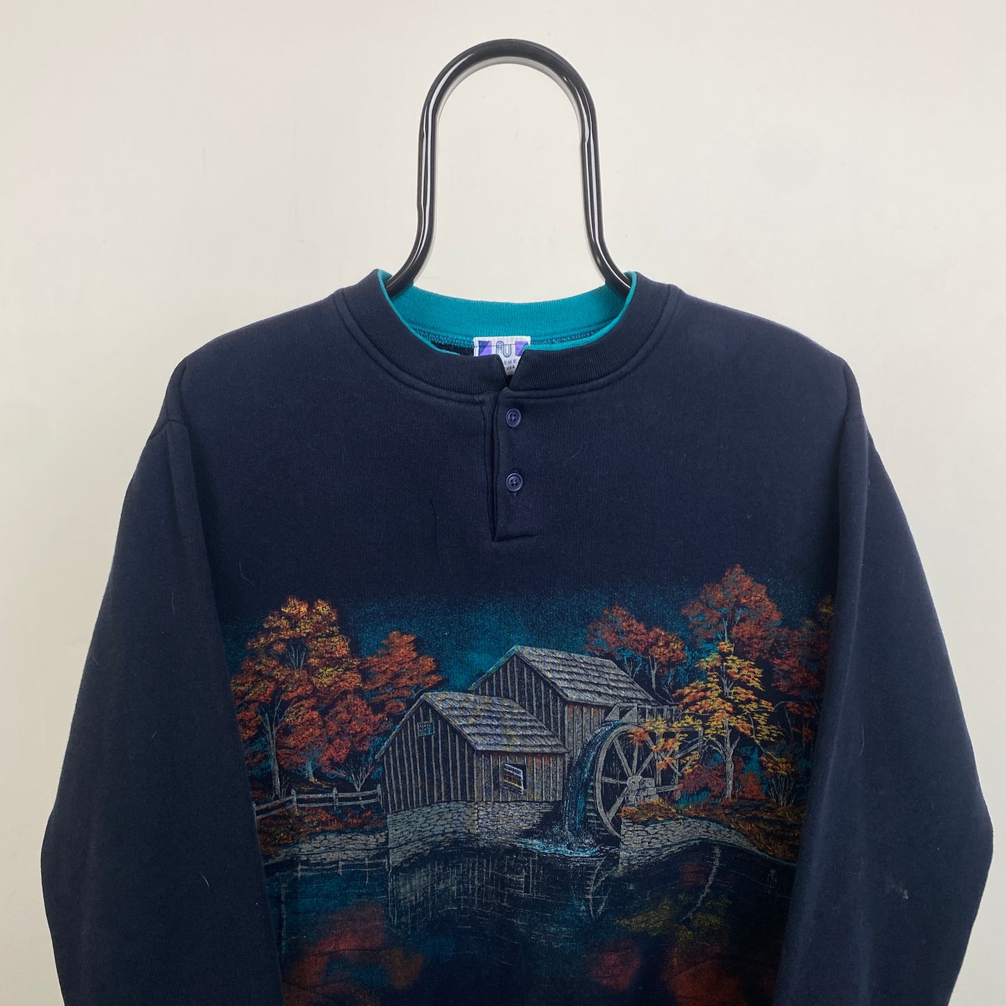 Retro 90s All Over Print Sweatshirt Blue Large