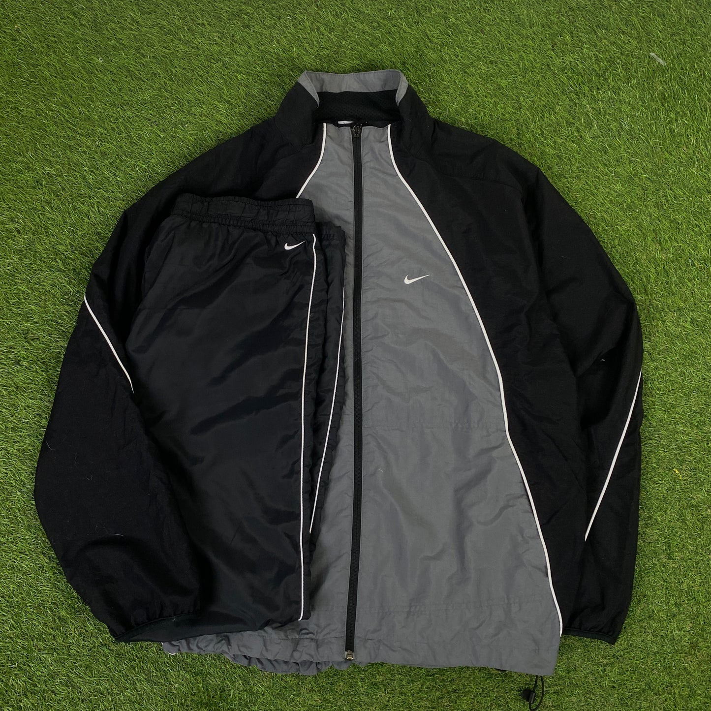 00s Nike Piping Windbreaker Tracksuit Set Jacket + Joggers Black XL