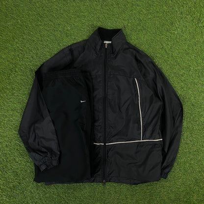 00s Nike Reflective Piping Windbreaker Jacket + Joggers Set Black Medium