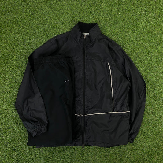 00s Nike Reflective Piping Windbreaker Jacket + Joggers Set Black Medium