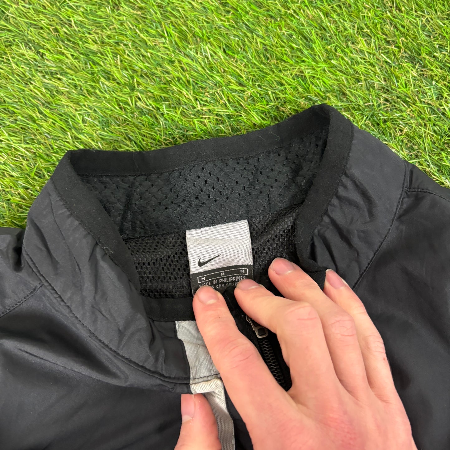 00s Nike Reflective Piping Windbreaker Jacket + Joggers Set Black Medium