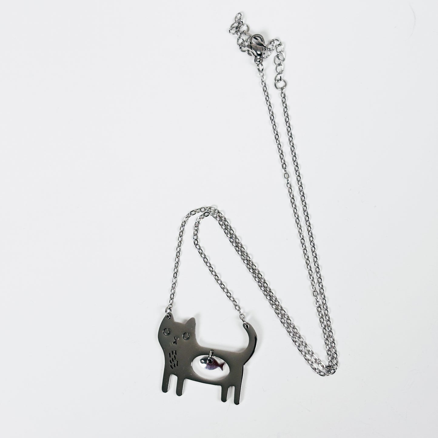 Hungry Cat Charm Necklace Silver