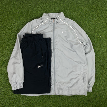 00s Nike Piping Windbreaker Tracksuit Set Jacket + Joggers Grey XL