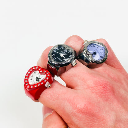 Retro Adjustable Heart Watch Ring Silver Purple