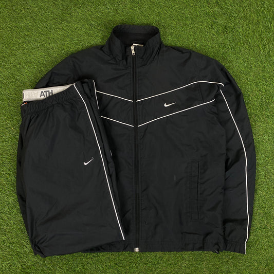 00s Piping Nike Windbreaker Jacket + Joggers Set Black Medium