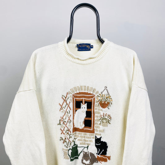90s Acorn Cat Knit Sweatshirt Brown XL