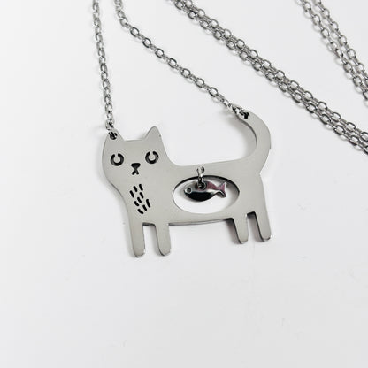 Hungry Cat Charm Necklace Silver