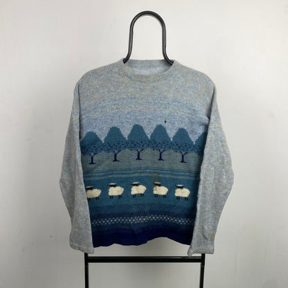 Retro Sheep Wool Knit Sweatshirt Blue Small