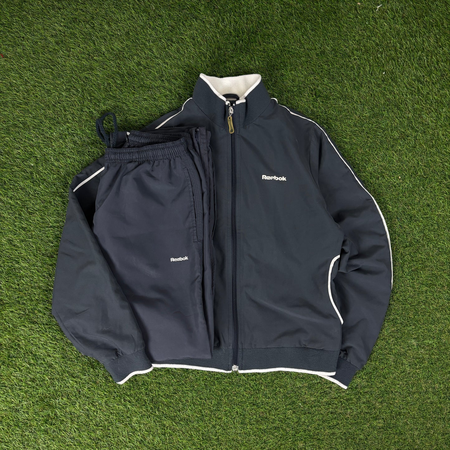 00s Reebok Piping Windbreaker Jacket + Joggers Set Blue Women’s Medium