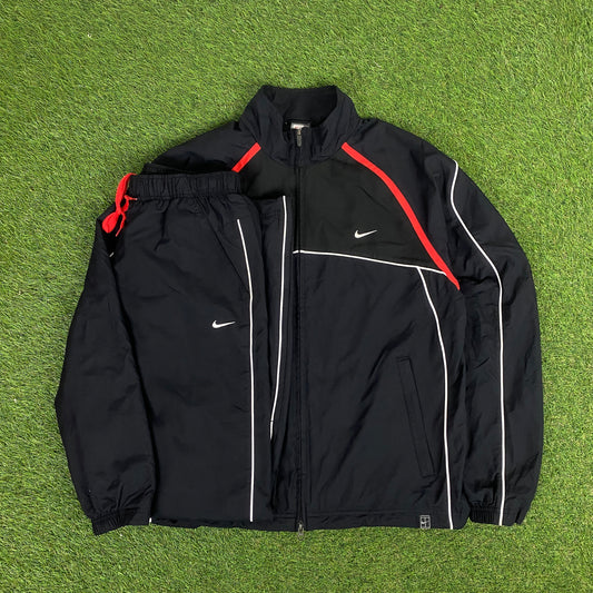 00s Nike Piping Windbreaker Jacket + Joggers Set Black Medium