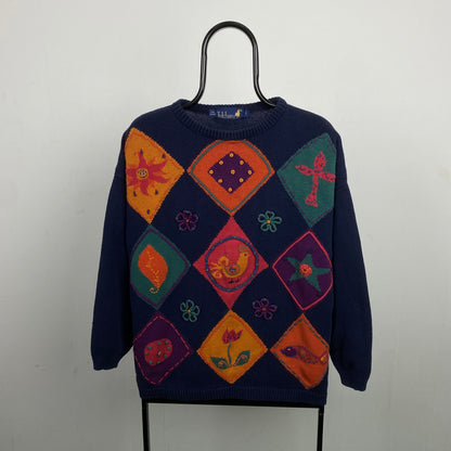 Retro Tulchan Knit Sweatshirt Blue Large