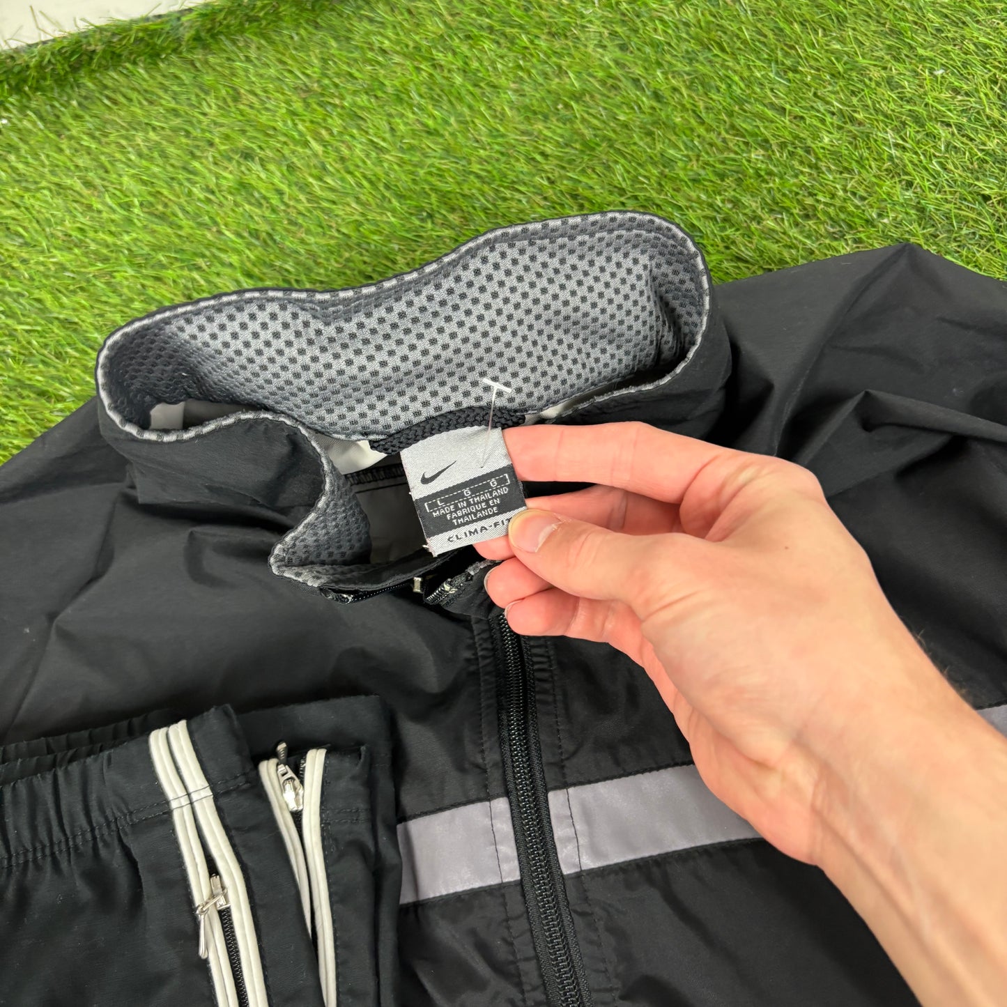 00s Nike Clima-Fit Reflective Piping Tracksuit Jacket + Joggers Set Black Large