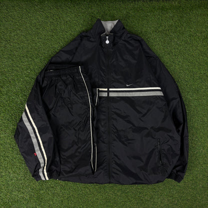 00s Nike Piping Windbreaker Tracksuit Set Jacket + Joggers Black XL