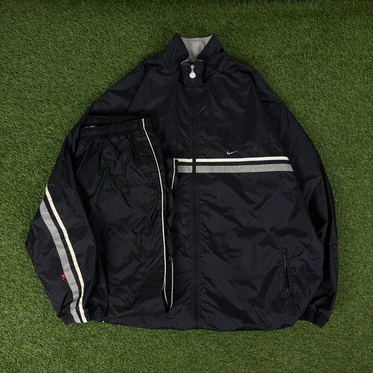 00s Nike Piping Windbreaker Tracksuit Set Jacket + Joggers Black XL