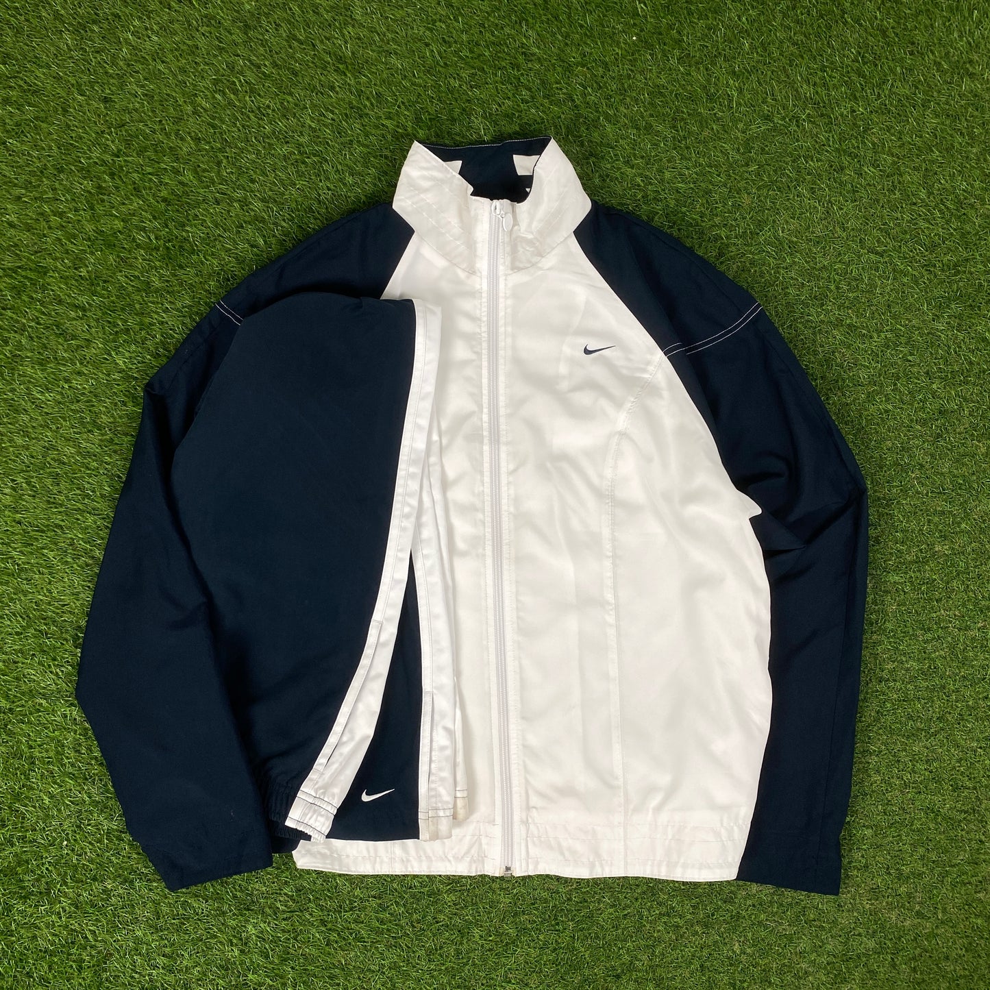00s Nike Piping Windbreaker Tracksuit Set Jacket + Joggers White XL