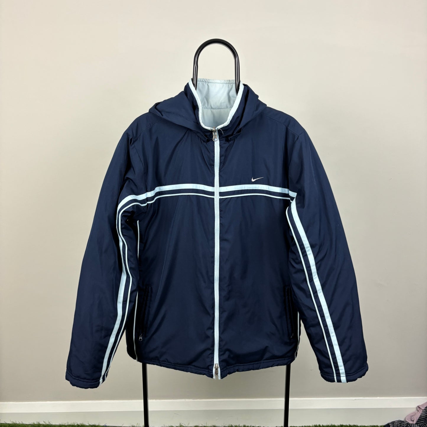 00s Nike Reversible Piping Puffer Jacket Blue Large