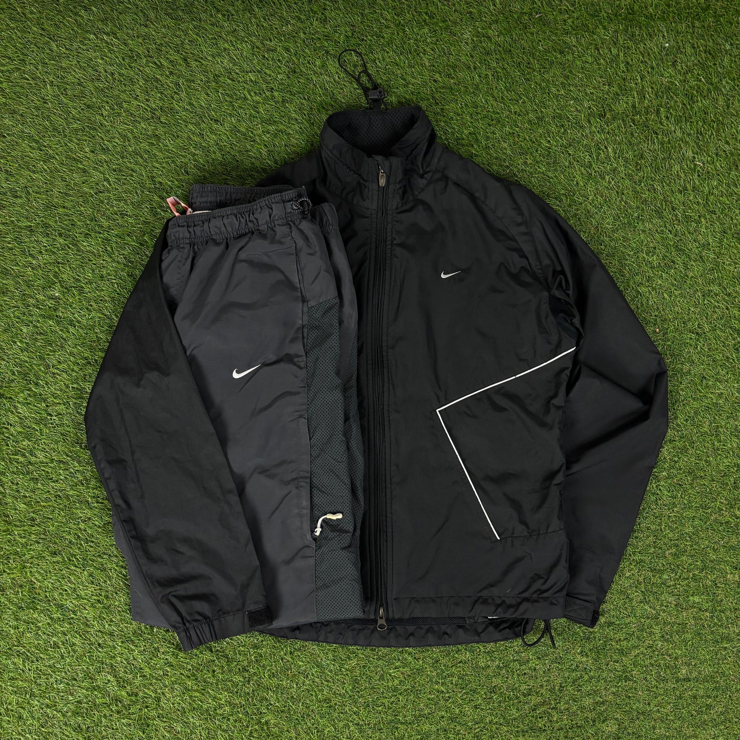 00s Nike Clima-Fit Piping Windbreaker Jacket + Joggers Set Black Small