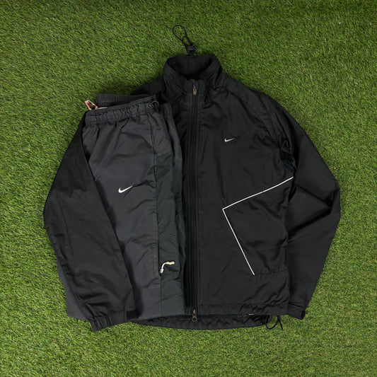 00s Nike Clima-Fit Piping Windbreaker Jacket + Joggers Set Black Small