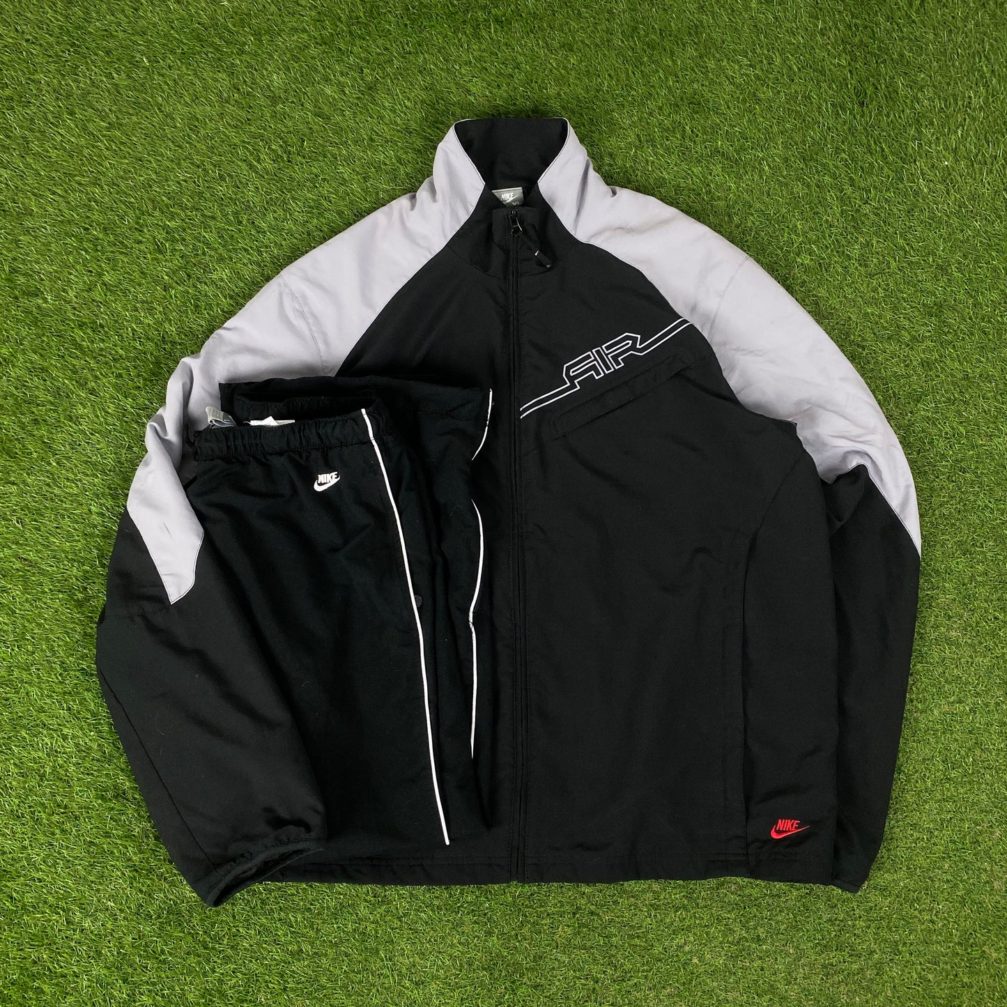 00s Nike Air Piping Windbreaker Tracksuit Set Jacket + Joggers Black XL