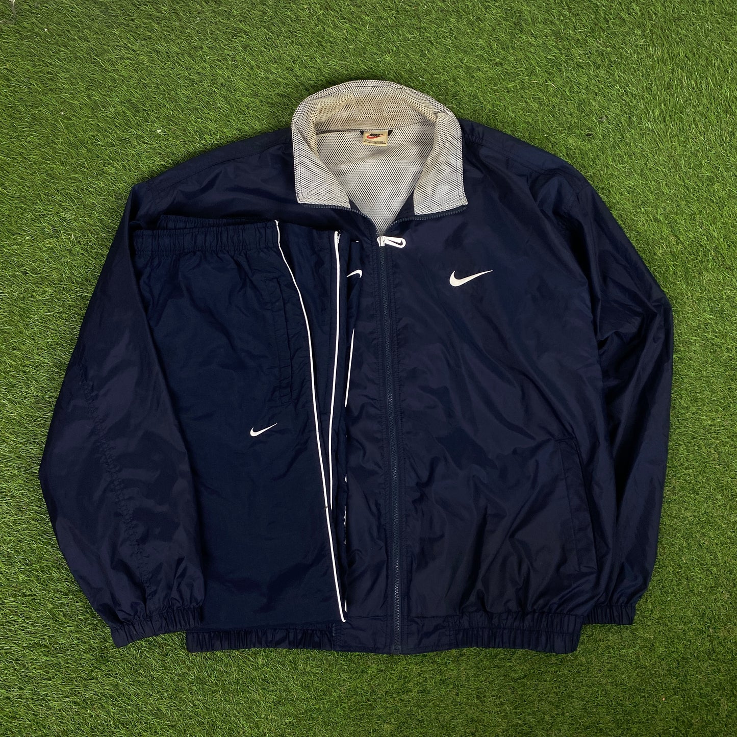 90s Nike Piping Windbreaker Tracksuit Set Jacket + Joggers Blue XL