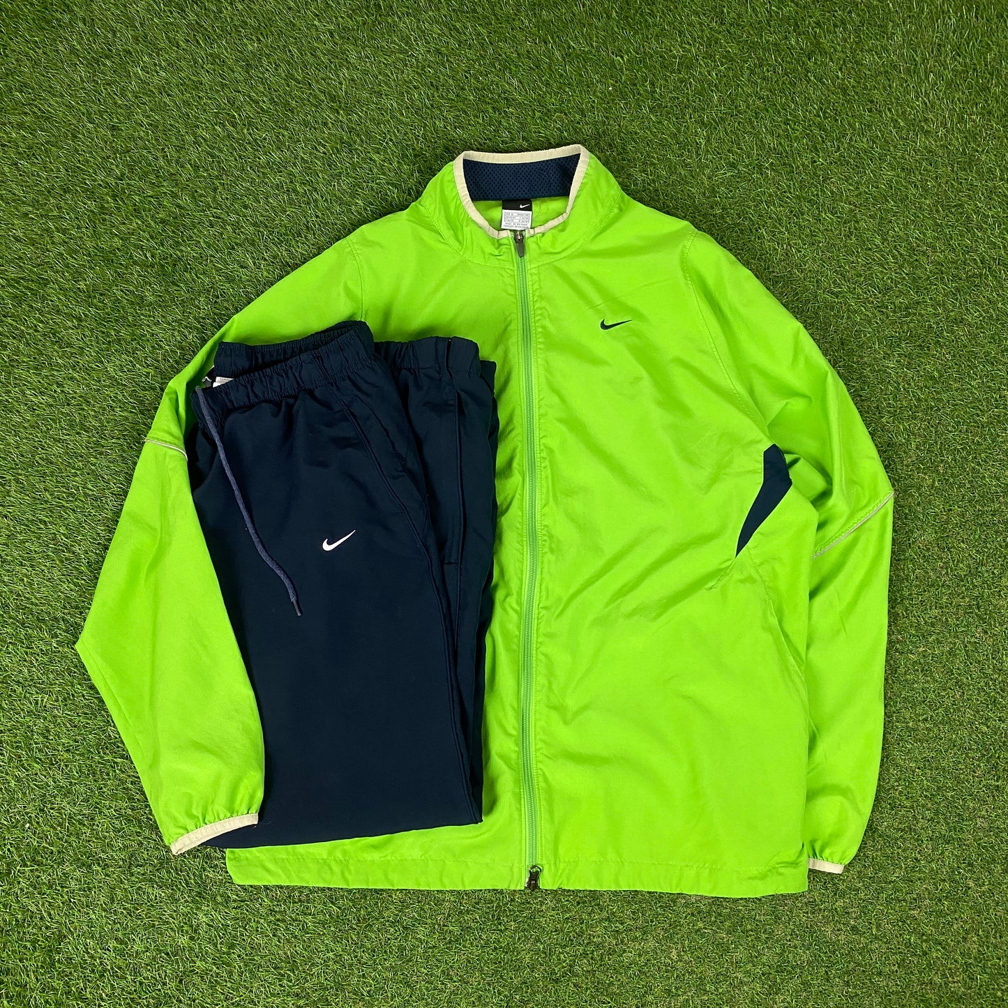 00s Nike Piping Windbreaker Tracksuit Set Jacket + Joggers Green XL