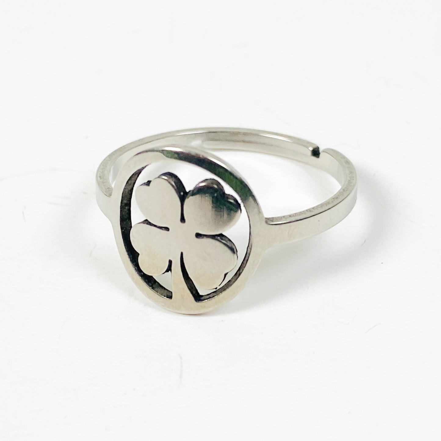 Adjustable Four Leaf Clover Ring Silver