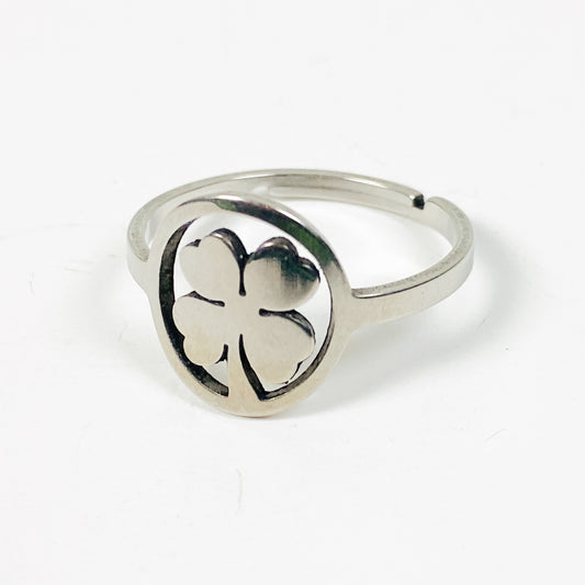 Adjustable Four Leaf Clover Ring Silver