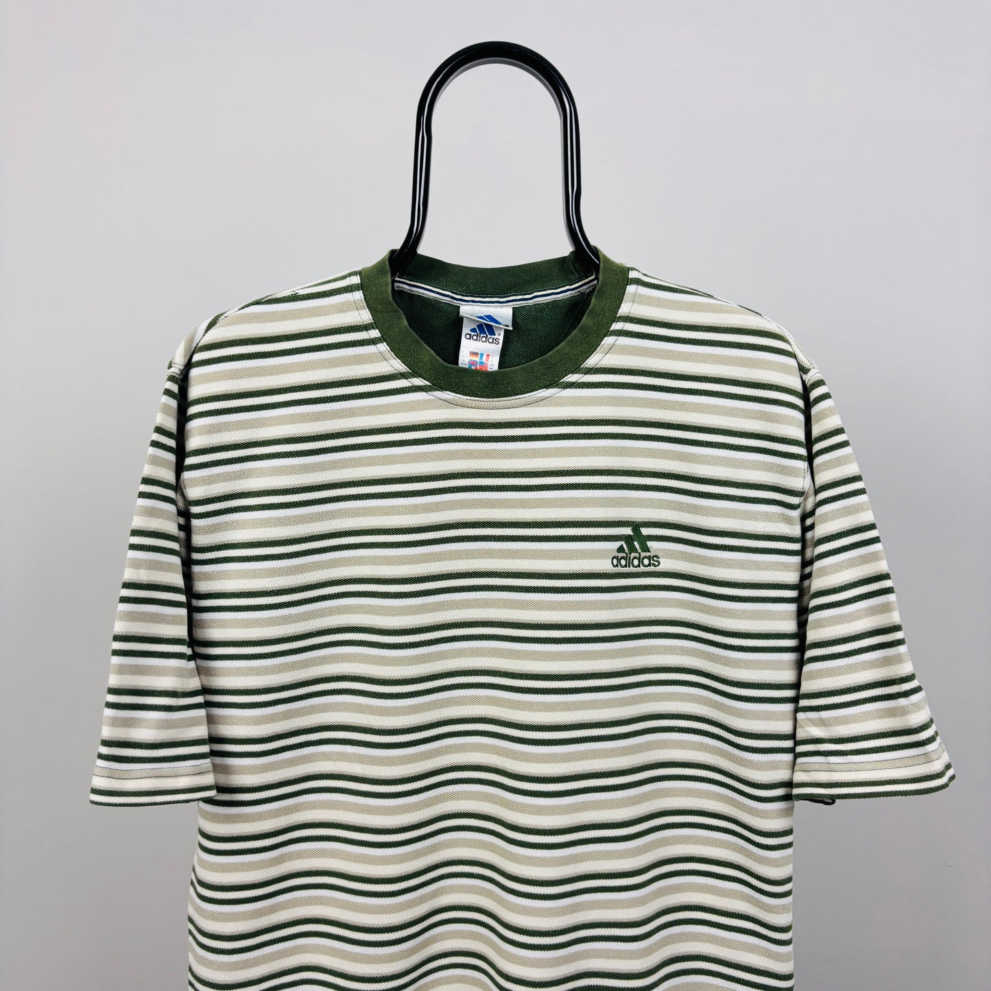 90s Adidas Striped T-Shirt Green Medium
