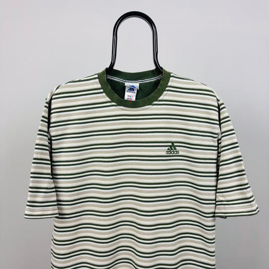 90s Adidas Striped T-Shirt Green Medium