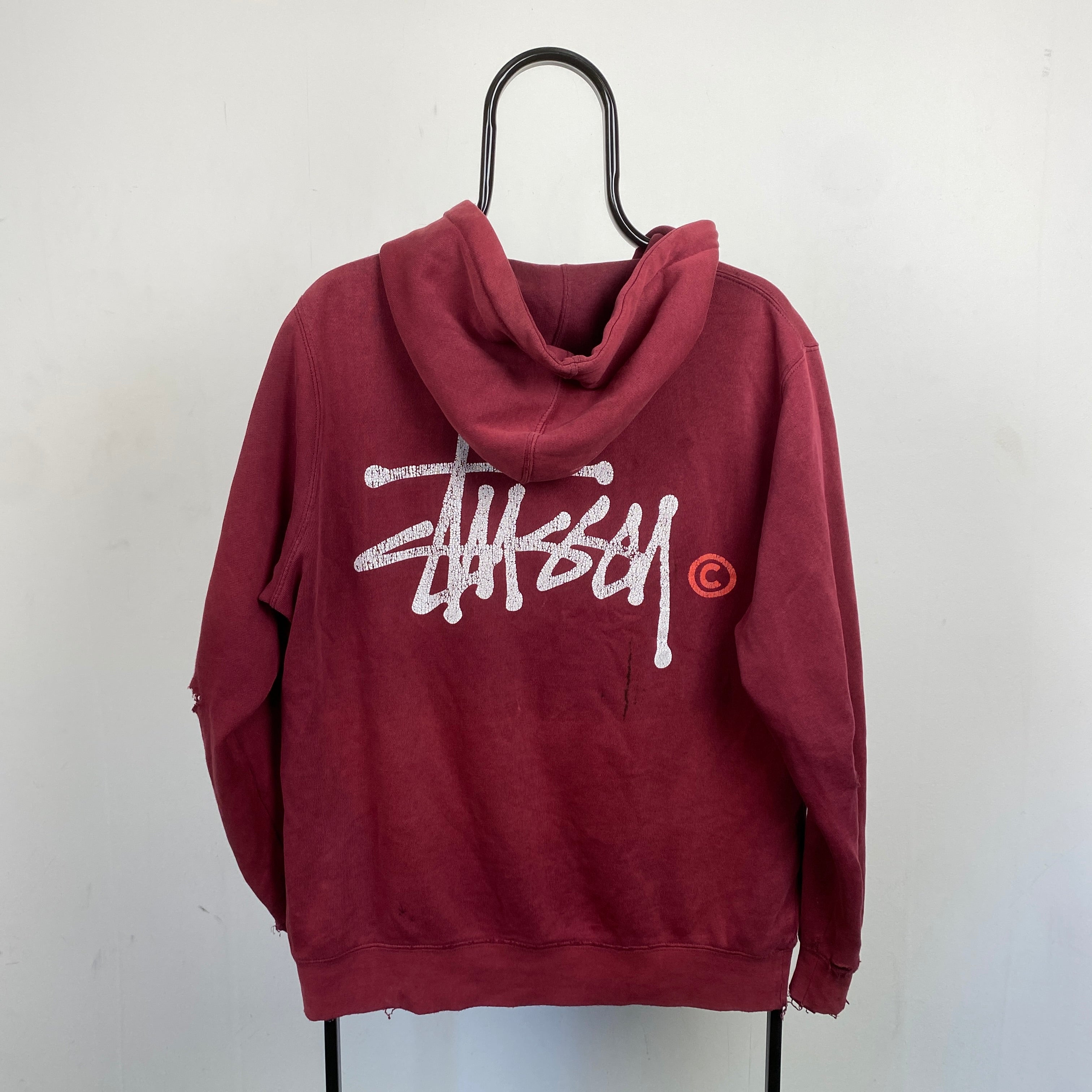 Retro 00s Stussy Thrashed Hoodie Red Small