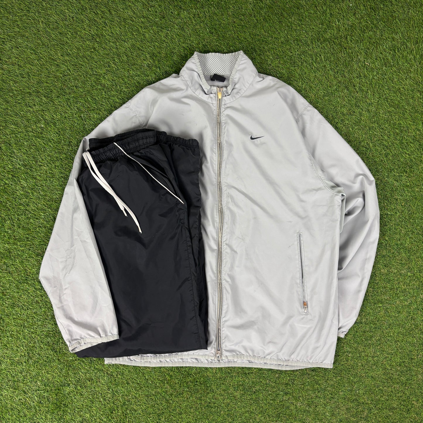 00s Nike Piping Windbreaker Jacket + Joggers Set Grey Large
